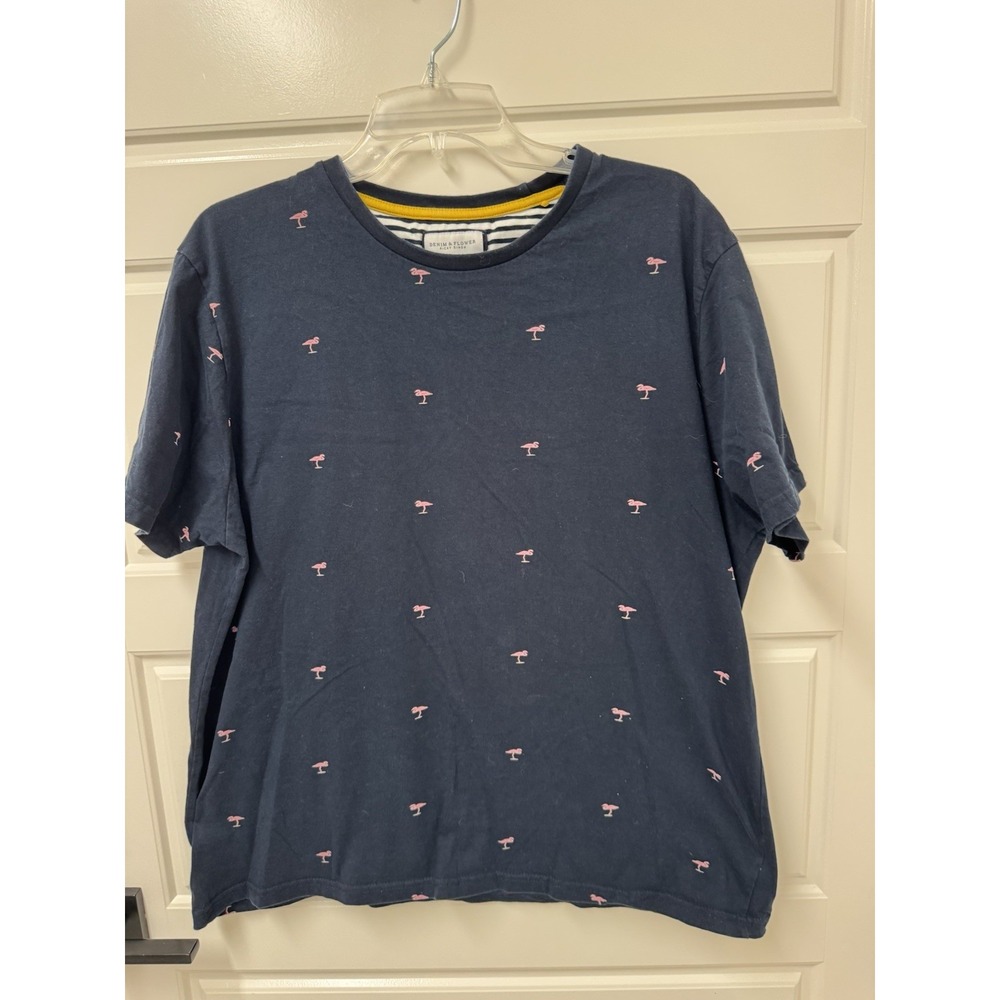 Denim & Flower Men T-Shirt XXL Blue Pink Flamingo Crew Neck Short Sleeve 2XL A7
